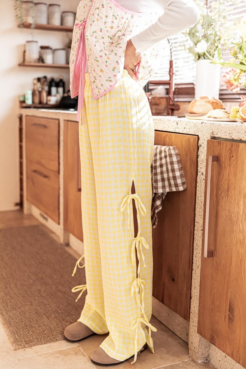 Bow Side Split Plaid Casual Pants
