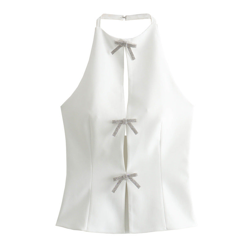 Solid Color Bow Front Backless Halter Top