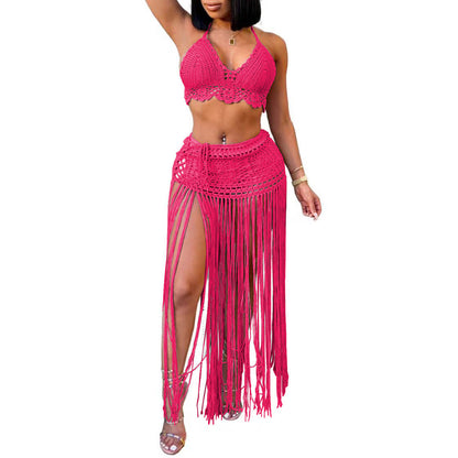 Women鈥檚 Crochet Beach Bikini Top With Fringe Skirt Two-Piece Set