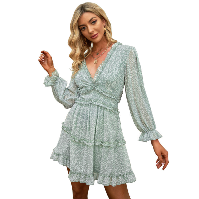 Dress Open Back Chiffon Waist Sexy High Waist Long Sleeve Floral Skirt Women