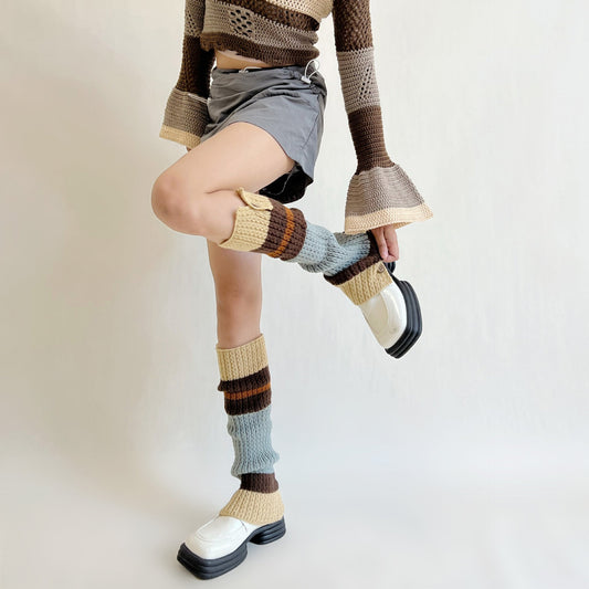 Autumn/Winter Vintage Button Opening British American College Babes Color Block Contrast Stacked Knitted Sweater Leg Oversocks