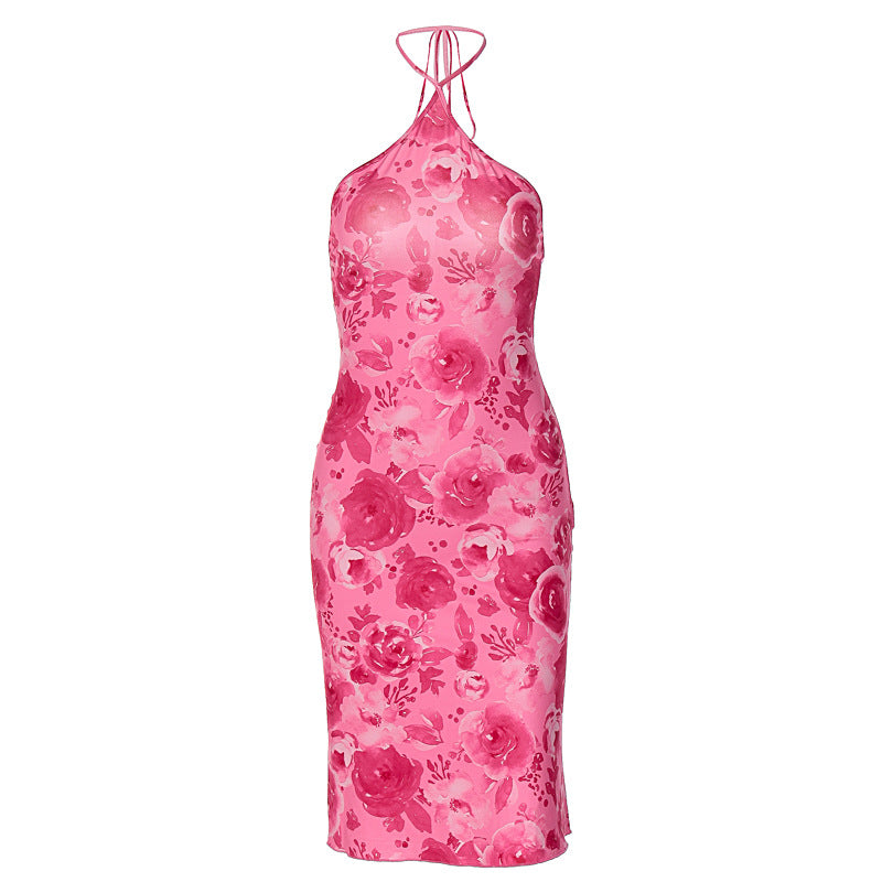 Trendy Floral Print Halter Neck Midi Dress