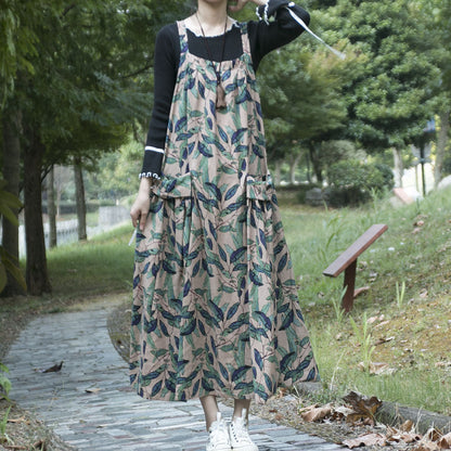 Spring And Autumn Ethnic Style Printed Cotton Hemp Strap Dress Loose Swing Large Pocket Long Dress