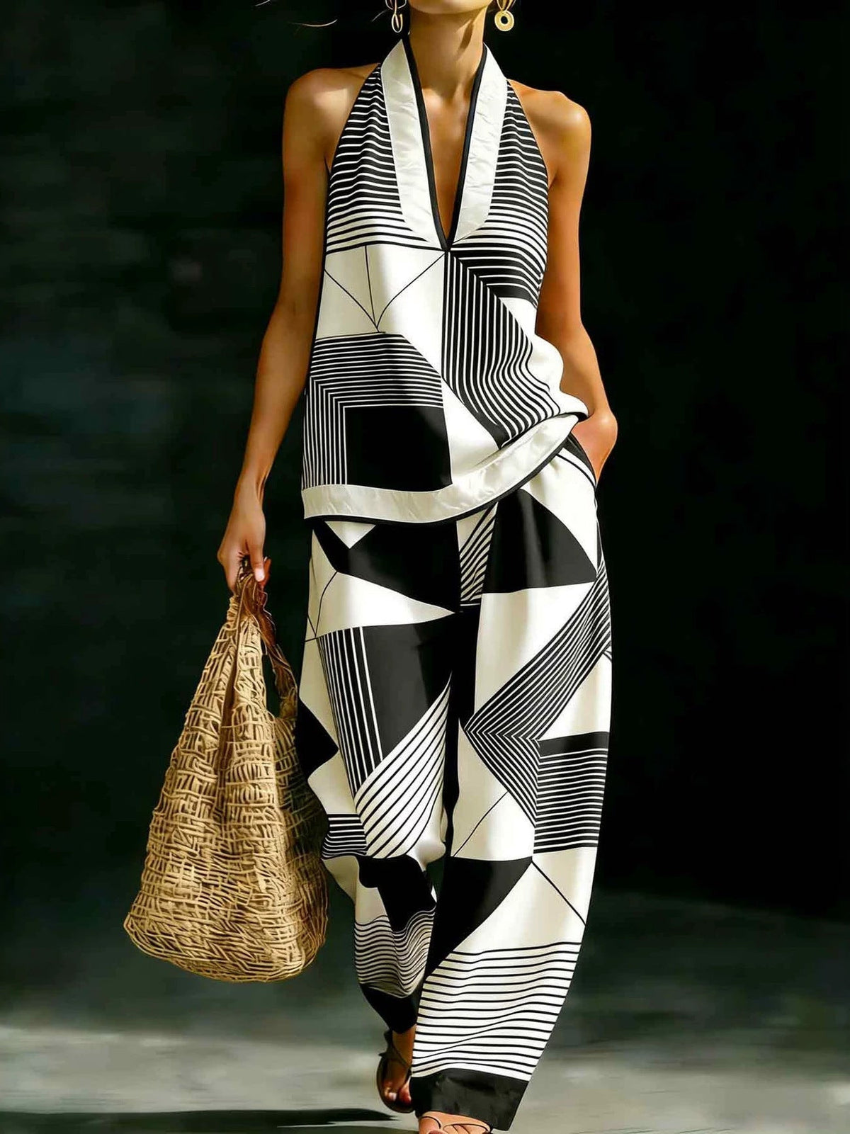 Geometric Print Halter V-Neck Sleeveless Top & Wide Leg Pants Two Piece Set