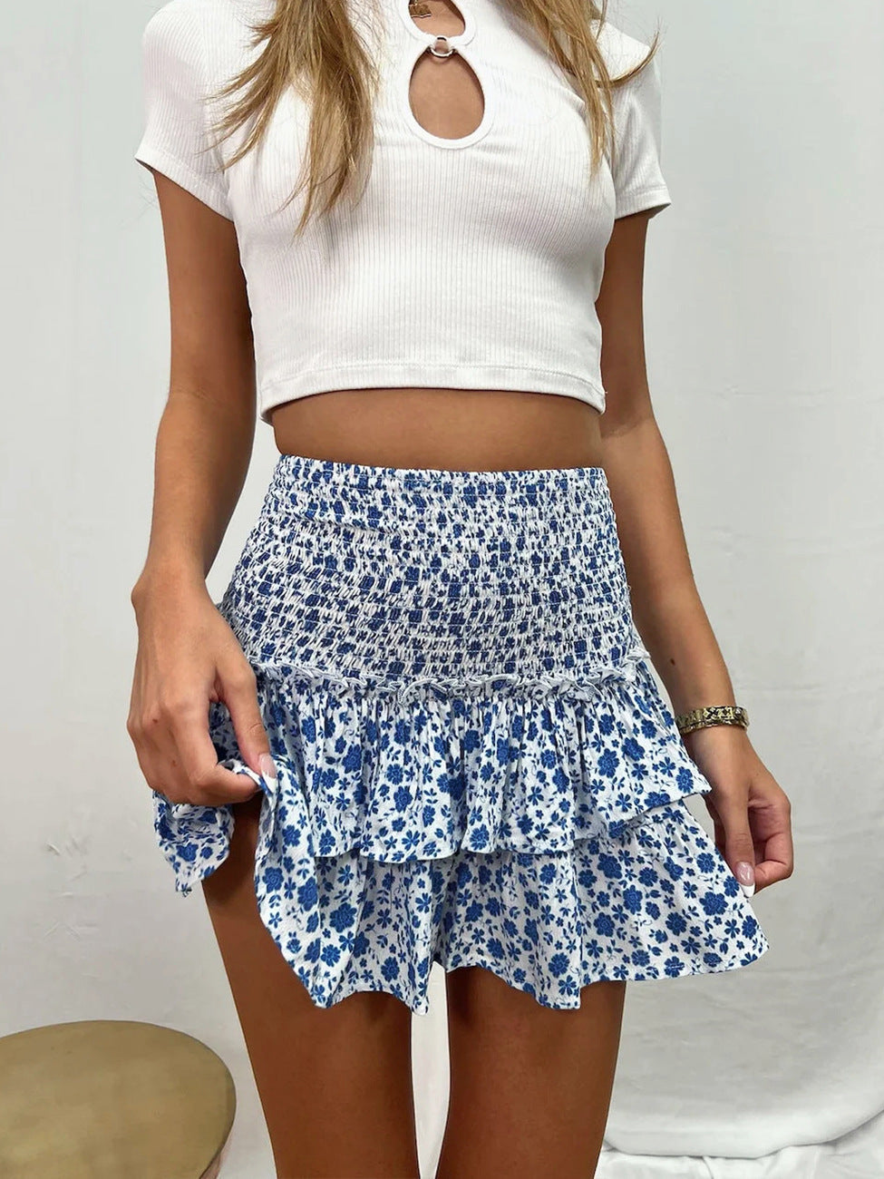 Floral Print Pleated Skirt with Ruffles Trendy Midi Skirt