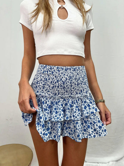 Floral Print Pleated Skirt with Ruffles Trendy Midi Skirt