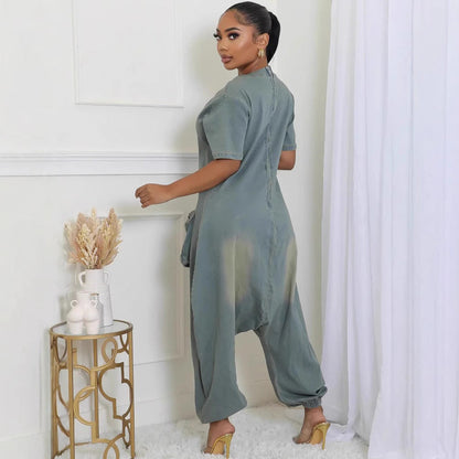 Trendy Women'S Loose Fit Denim Jumpsuit With Pockets