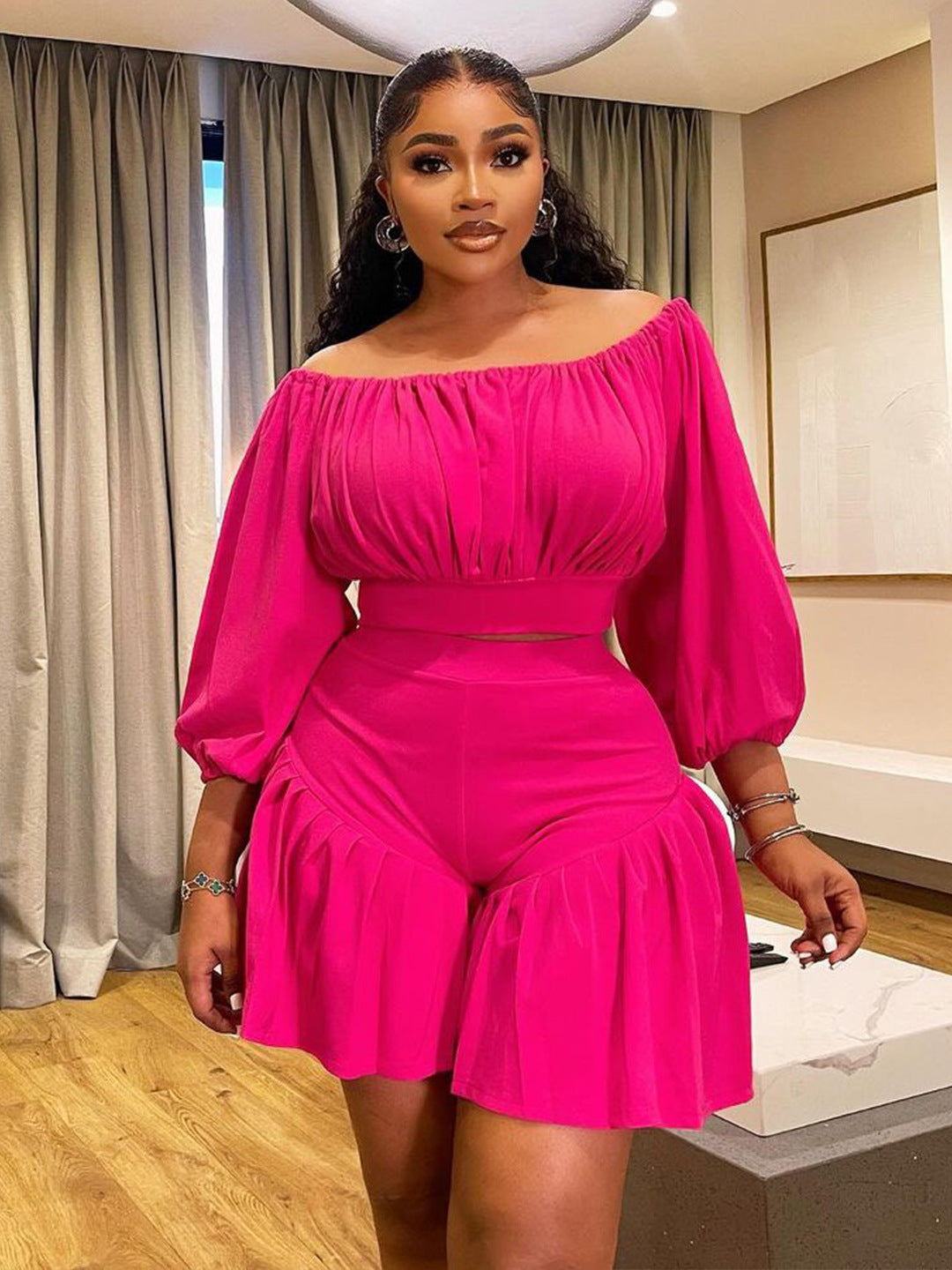 New Plus Size Two-Piece Women'S Set With Ruffled Off-Shoulder Design