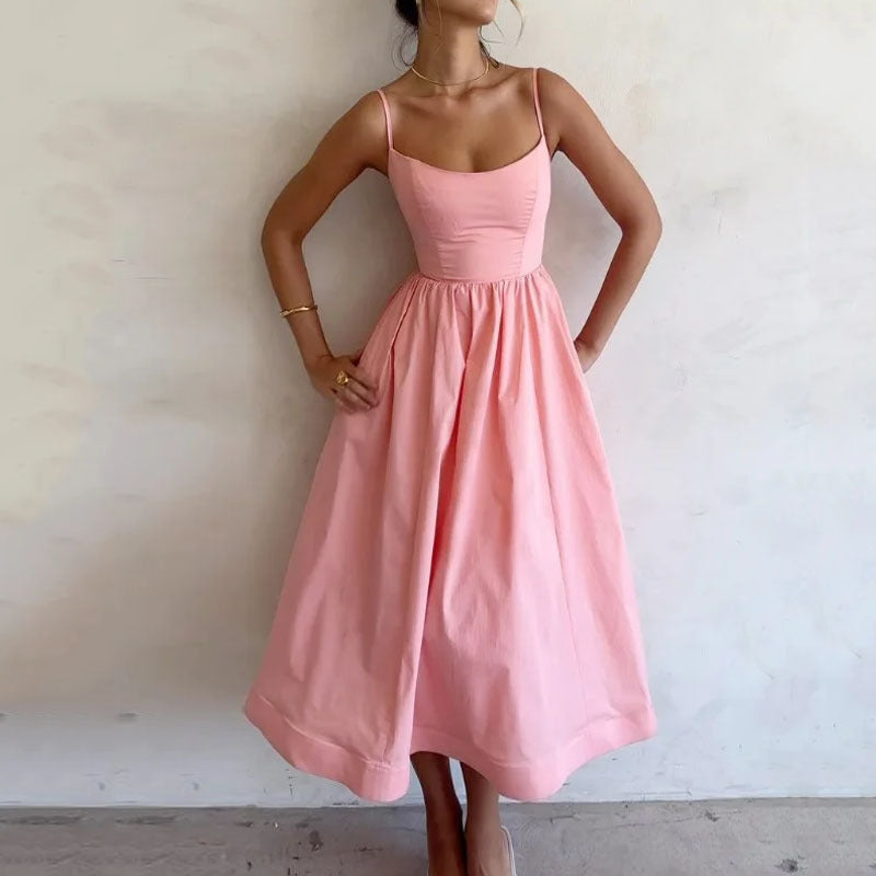New Women's Casual A-Line Dress Solid Color Pleated Maxi Dress