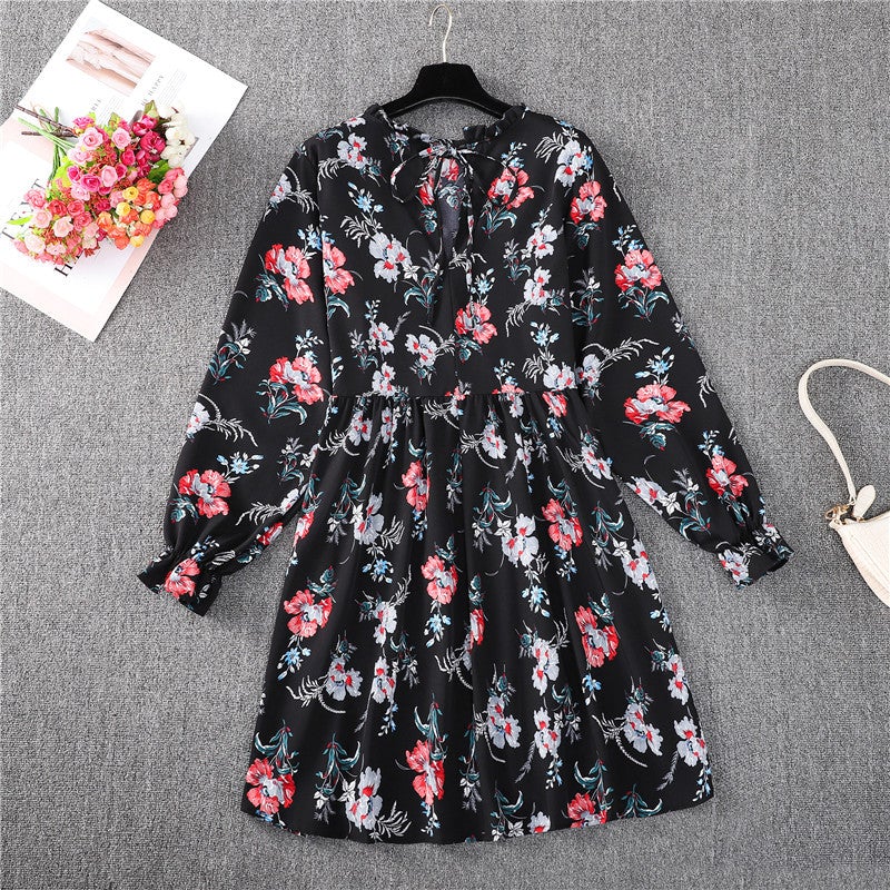 Black Background Small Collar Fashion Leisure High Waist A-Line Skirt Temperament Autumn And Winter Dress Women'S Long Sleeves