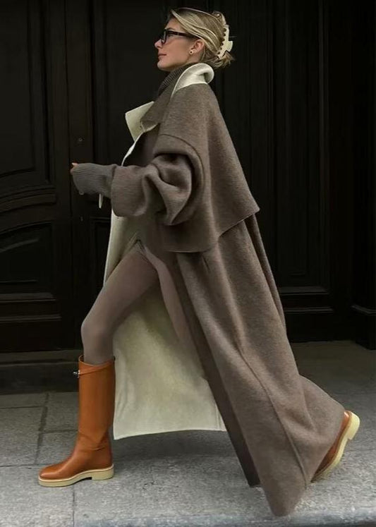 Long Woolen Coat Brown Classic Lapel Design