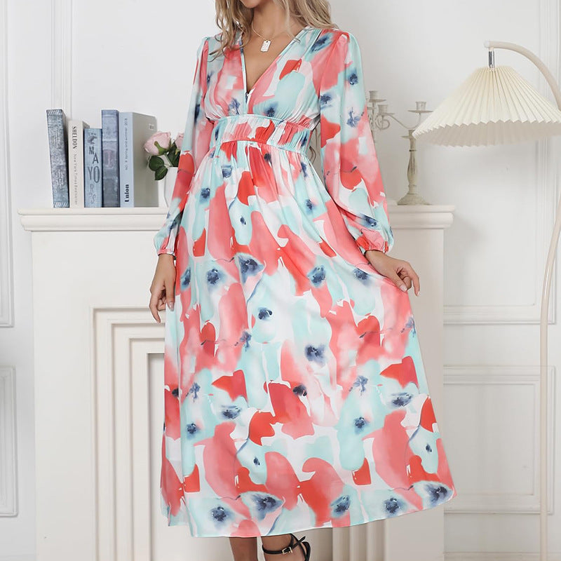 Bohemian Style New Spring And Autumn Deep V Print High Waisted Casual Long Sleeved Mid Length Dress