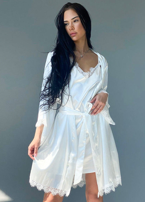 Satin Lace Nightwear Set With Slip Dress And Robe