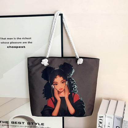 Trendy Cartoon Print Shoulder Tote Bag Durable Oxford Cloth Bag