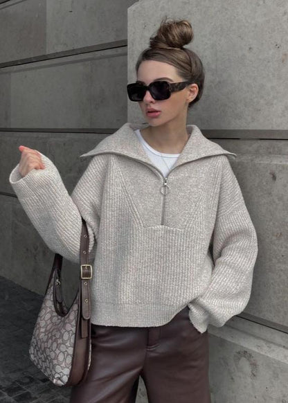 Ribbed Knit Half Zip Sweater With Oversized Collar