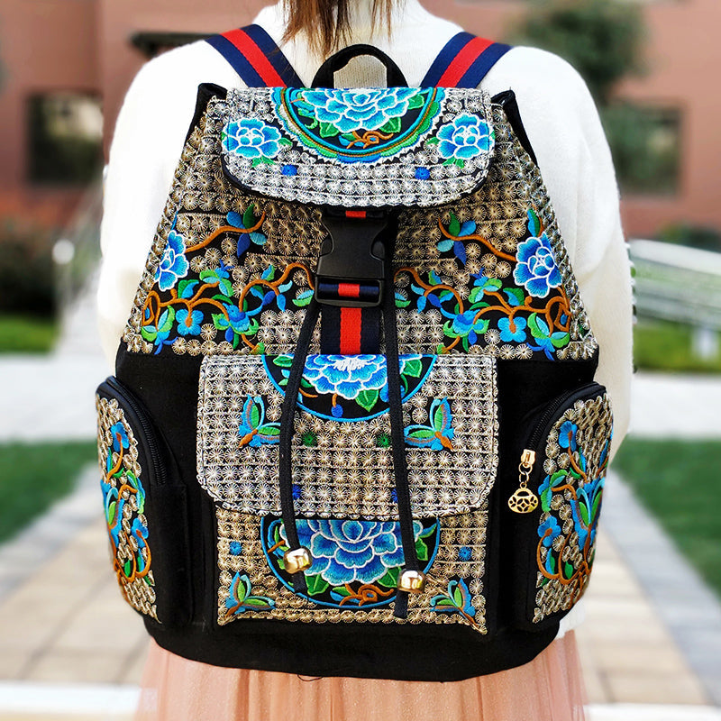 New Embroidery Bag Ethnic Style Bag Women'S Large Capacity Canvas Backpack Travel Bag Fabric Art
