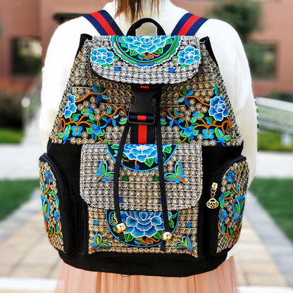 New Embroidery Bag Ethnic Style Bag Women'S Large Capacity Canvas Backpack Travel Bag Fabric Art