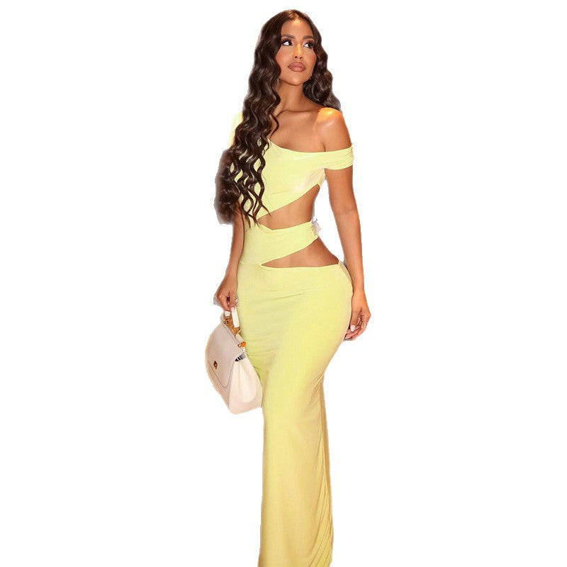 Elegant Solid Color Bodycon Dress With Asymmetrical Hem