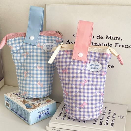 Striped Bow Cylinder Pencil Case Stylish Portable Stationery