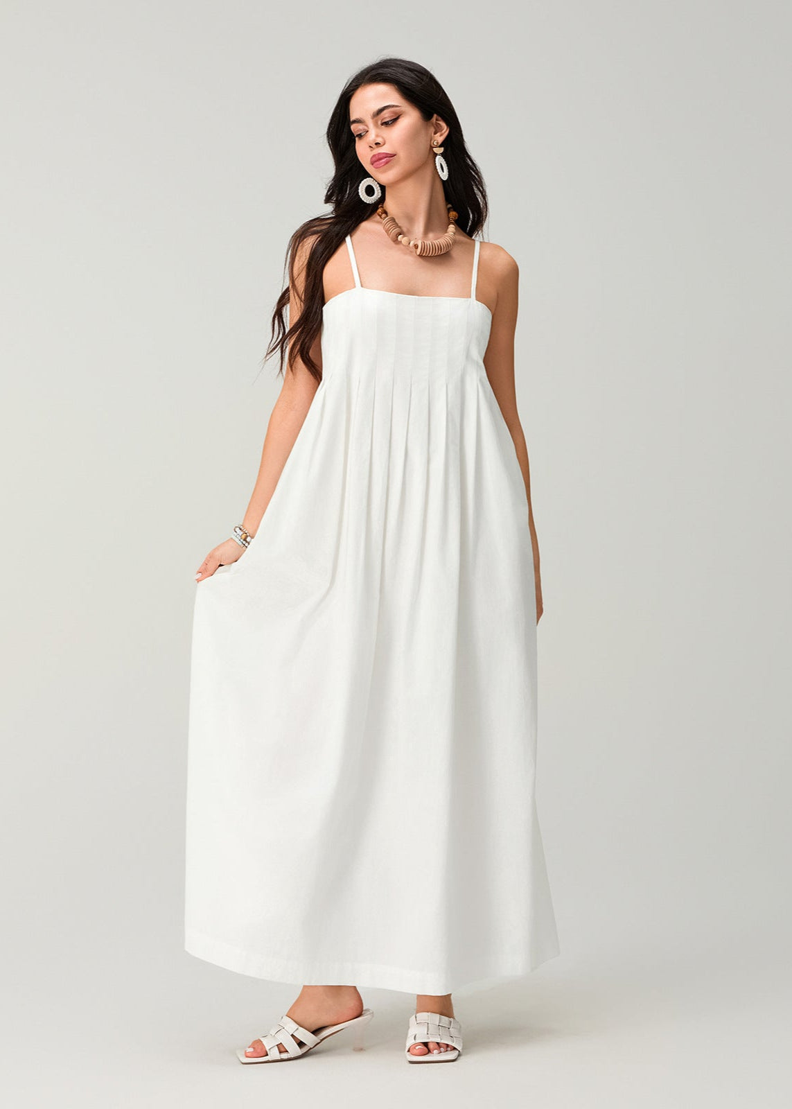 White Linen Cotton Pleated Maxi Sundress