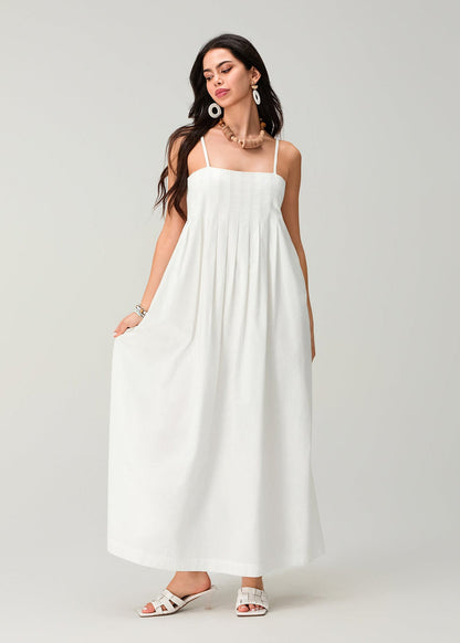 White Linen Cotton Pleated Maxi Sundress
