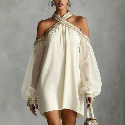 Embroidered Trim Sheer Long Sleeve Loose Tunic Dress