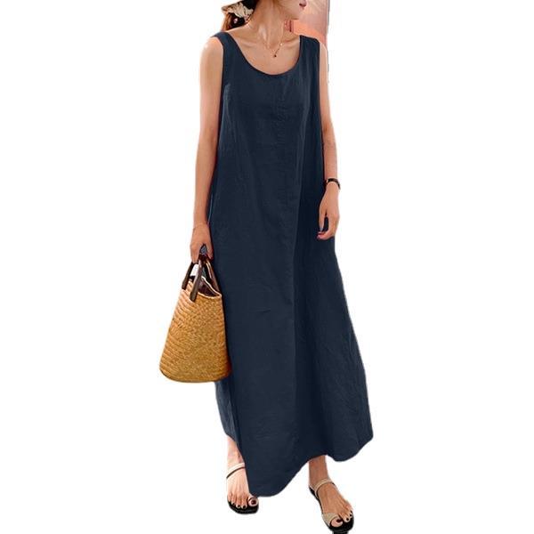 Summer New Cotton And Hemp Simple Style Loose Pocket Round Neck Style Sleeveless Long Sling Dress