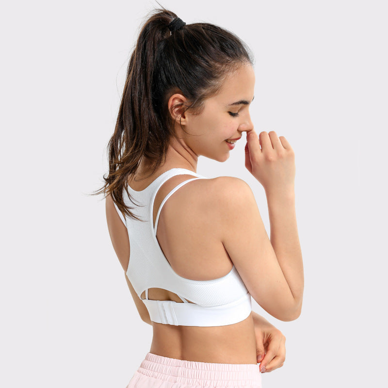 Beautiful Back Sports Underwear Women'S Shockproof Running Fitness Bra Gathered Training Ribbed Yoga Vest