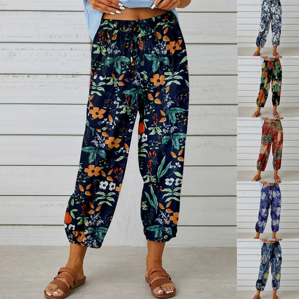 Cotton And Linen Women'S Pants High-Waisted Drawstring Cropped Pants Elasticated Waist Corset Retro Print Pants
