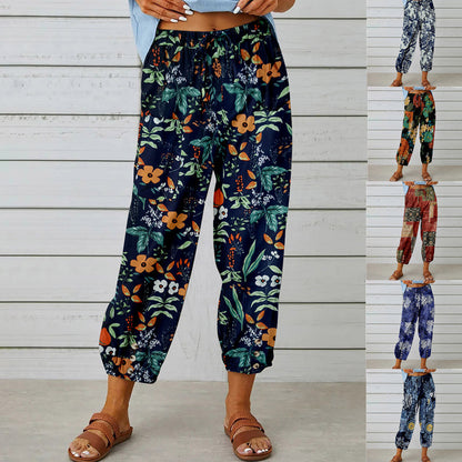 Cotton And Linen Women'S Pants High-Waisted Drawstring Cropped Pants Elasticated Waist Corset Retro Print Pants