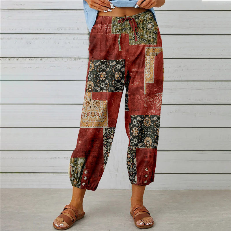 Cotton And Linen Women'S Pants High-Waisted Drawstring Cropped Pants Elasticated Waist Corset Retro Print Pants