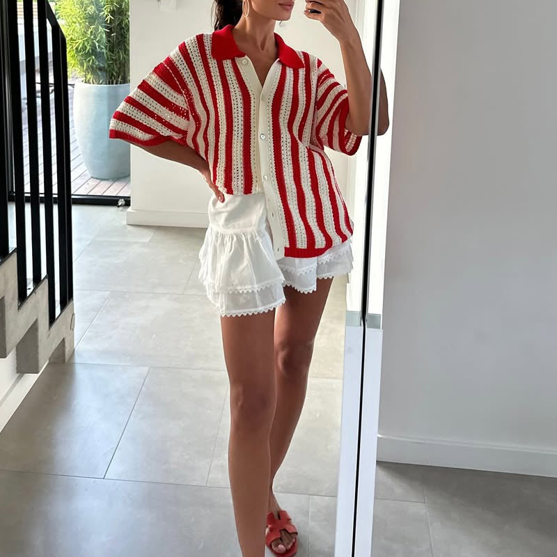 Color-Block Striped Casual Lapel Knit Top