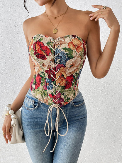 Chic Floral Print Strapless Camisole Top