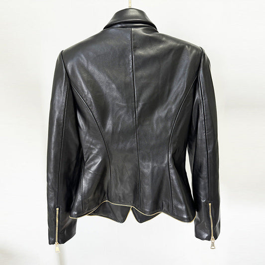 Double-Breasted Slim Fit PU Leather Blazer