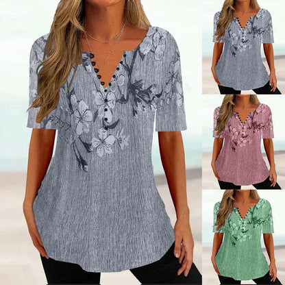 Women'S Clothing Summer Loose V-Neck Short Sleeved Pleated Button Up Shirt For Women