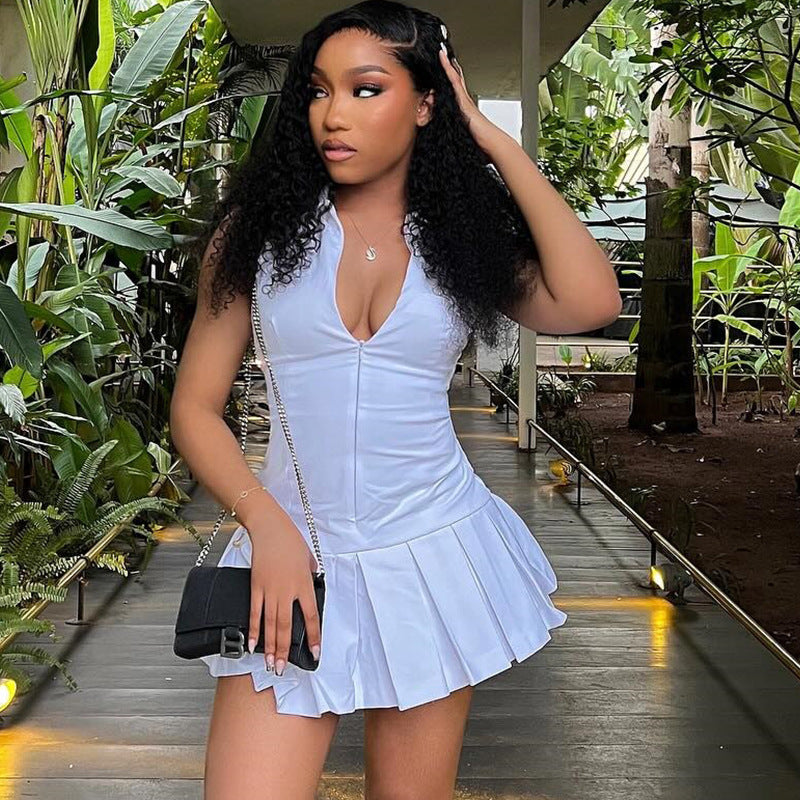 Sleeveless Collared Zipper Dress Casual Pure Color Mini Dress