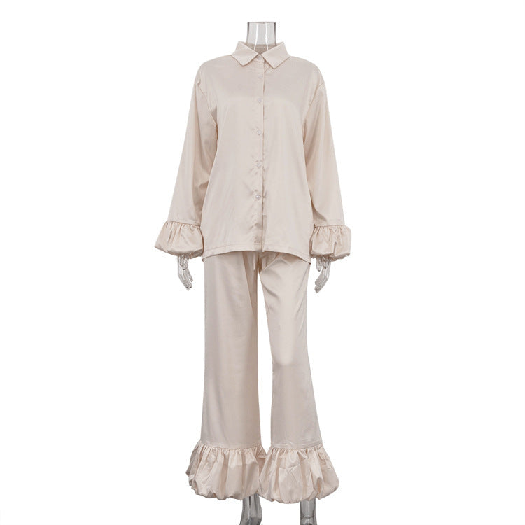 Bell Sleeve Collared Top and Pants Set Trendy Casual Outfit
