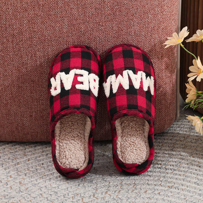 Winter Letter Embroidery Plaid Warm Indoor Slippers