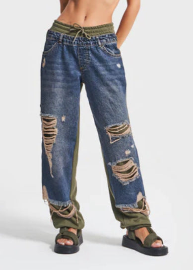 Ripped Drawstring Color Block Straight Leg Jeans