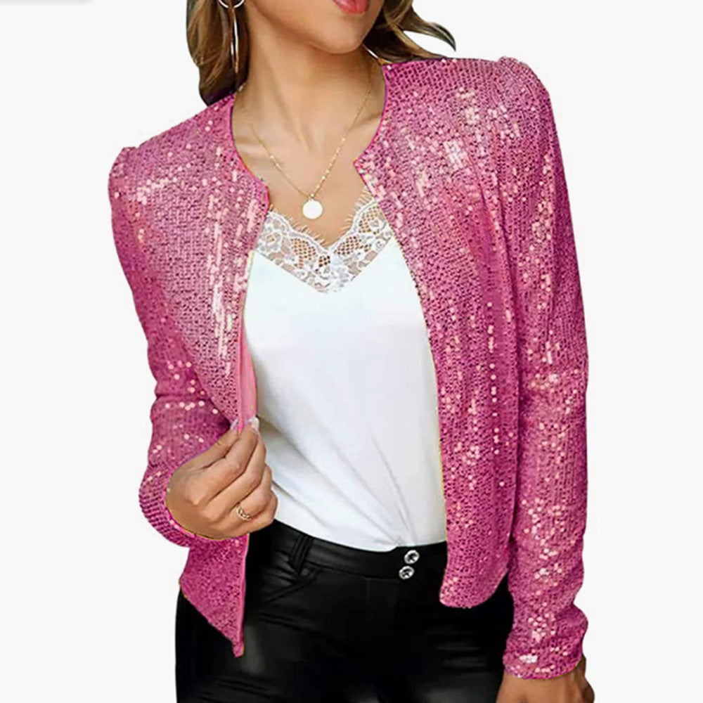New Women'S Fashion Stand-Up Collar Color Block Color Sequin Coat Short Casual Versatile Small Coat