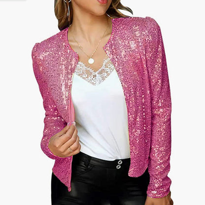 New Women'S Fashion Stand-Up Collar Color Block Color Sequin Coat Short Casual Versatile Small Coat