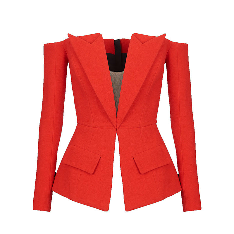 Fashionable Asymmetrical Zip Blazer With Off-The-Shoulder Design