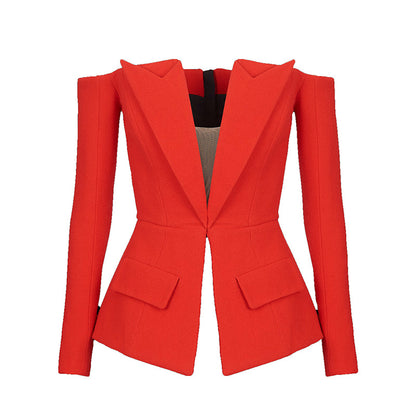 Fashionable Asymmetrical Zip Blazer With Off-The-Shoulder Design