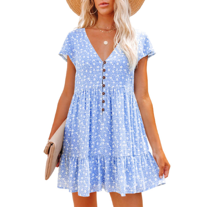 V-Neck Buttons, Small Florals, Short Sleeves, Loose Casual Dress, Women'S Wear
