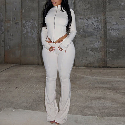 Fitted Cropped Top And Loose Fit Pants Set With Zipper
