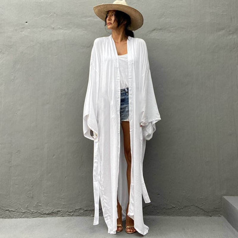 New Cotton Loose Long Cardigan Beach Sun Protection Jacket Beach Vacation Bikini Cover Up Swimsuit For Women'S Outerwear