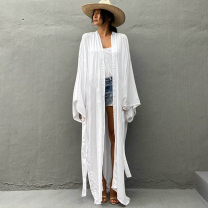 New Cotton Loose Long Cardigan Beach Sun Protection Jacket Beach Vacation Bikini Cover Up Swimsuit For Women'S Outerwear