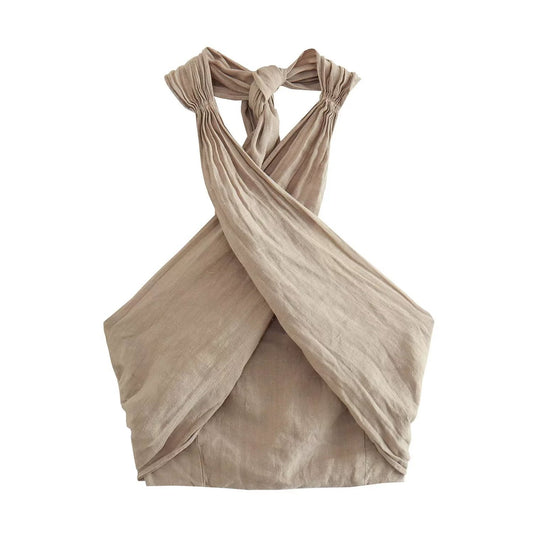 Vesty - Linen Cross-Neck Two-Piece Set (Top + Pants)