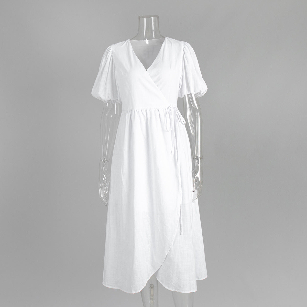 Casual Cotton Tie Front Maxi Dress with Puff Sleeves