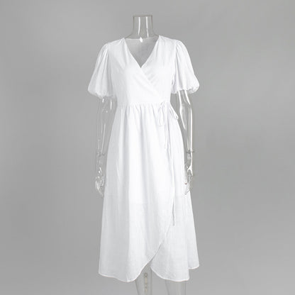Casual Cotton Tie Front Maxi Dress with Puff Sleeves